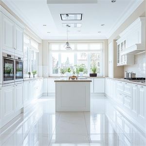 Một căn bếp tuyệt đẹp với gam màu trắng chủ đạo, được chiếu sáng rực rỡ bởi ánh sáng tự nhiên tràn ngập...