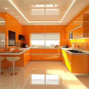 Hình ảnh 3D siêu thực về một căn bếp hiện đại được thiết kế theo tông màu cam đơn sắc, từ cam nhạt đến...