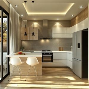 Căn bếp vuông hiện đại được thiết kế ấm cúng với bố cục hợp lý và thẩm mỹ cao. Quầy bar trắng tinh tế...