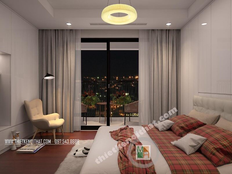 Thiết kế nội thất phòng ngủ chung cư tiện nghi với đồ nội thất hiện đại sắp xếp cách khoa học giúp tiết kiệm không gian căn phòng Mẫu thiết kế nội thất chung cư đẹp