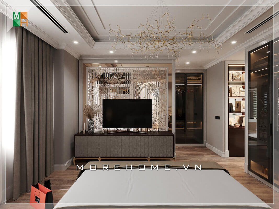 Ấn tượng với thiết kế phòng ngủ mở hiện đại cho chung cư. Vách ngăn kim loại hiện đại sau kệ tivi lạ mắt và rất độc đáo tạo nên vẻ sang trọng cho căn phòng ngủ. Mẫu thiết kế nội thất chung cư đẹp