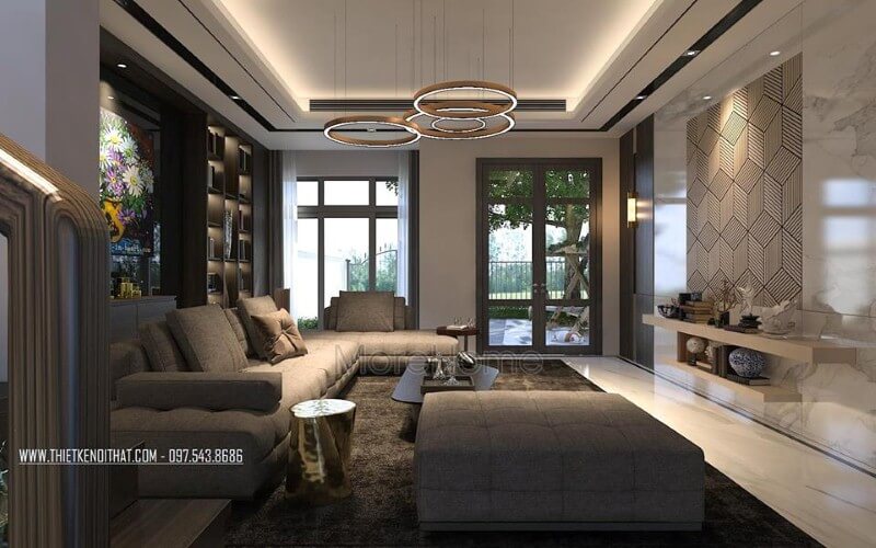 Thiết kế sofa vải êm ái tiện lợi kiểu dáng góc tối ưu diện tích cho không gian phòng khách chung cư, nhà phố thêm gần gũi, thu hút. Thiết kế phòng khách biệt thự