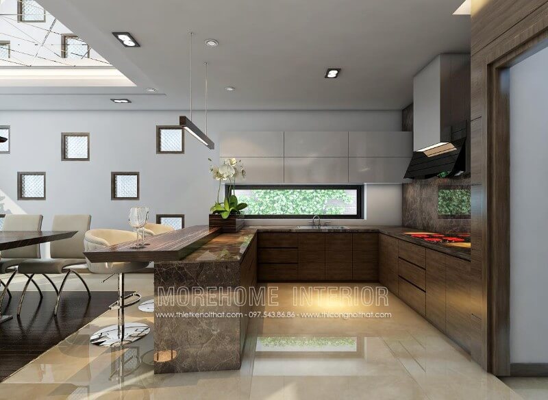 Thiết kế tủ bếp chữ U gỗ công nghiệp kết hợp quầy bar hoặc bàn ăn phụ nhỏ tạo tiện nghi cho người sử dụng Tủ bếp gỗ công nghiệp và tủ bếp acrylic