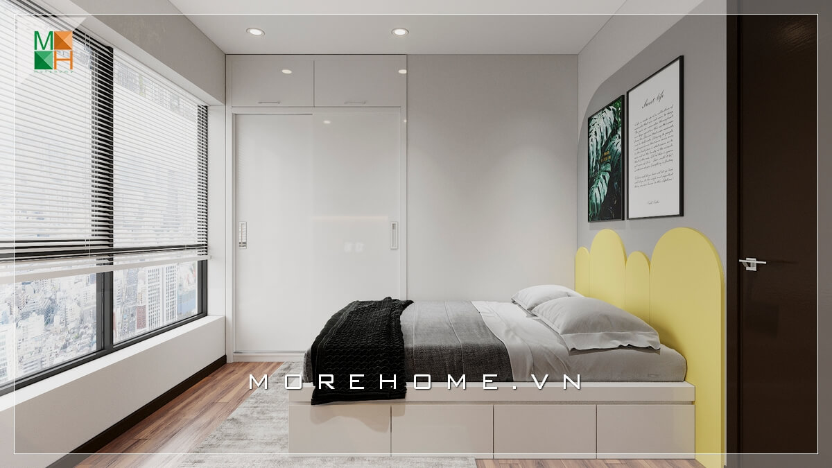 Mẫu giường ngủ khung gỗ hiện đại hướng ra phía cửa sổ thiết kế rộng, sắc vàng đầu giường nổi bật tạo điểm nhấn cho căn phòng ngủ chung cư. Thiết kế chung cư hiện đại
