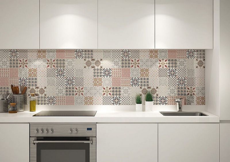 Gian bếp xinh xắn kết hợp độc đáo giữa ốp gach bông và mặt đá bếp trắng solid surface Hàn quốc chống thấm, chống ố hoàn hảo