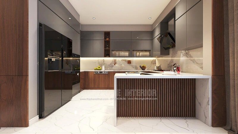Trang trí nội thất phòng bếp độc đáo từ gỗ acrylic cao cấp kết hợp cùng đá ốp bếp sang trọng.