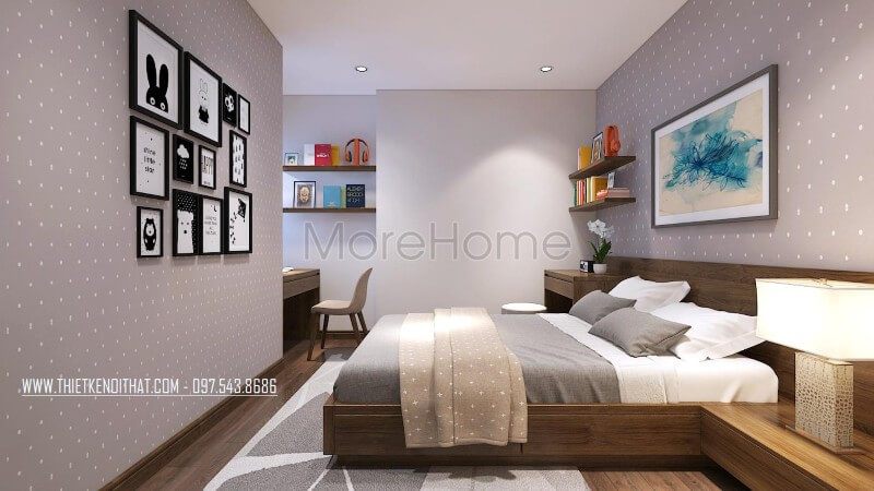 Căn phòng này được tô điểm bởi việc sử dụng mảng giấy dán tường chấm bi, đổi mới hoàn toàn những bức tường thô cưng.