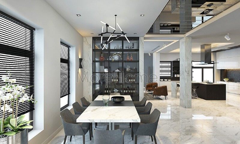 . Phòng ăn được trang bị nội thất ấn tượng, các bức tường thô cứng đã được thay thế bằng cửa sổ kính cường lực an toàn, đảm bảo đủ sự ánh sáng và thoải mái nhất cho khu vực dùng bữa của gia đình.